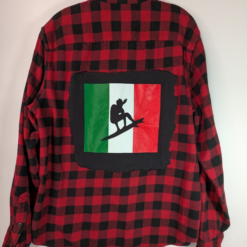Flannel Shirt Surfing Mexico Unisex Size L Homemade Red Black Plaid Imperfect
